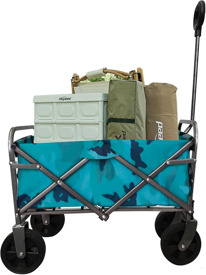 Steel Yard Cart, Garden Wagon with Adjustable Handles, Wheels, Foldable Wagon, Heavy Duty Folding Utility Garden Cart for Garden Farm Orchard Warehouse navy blue