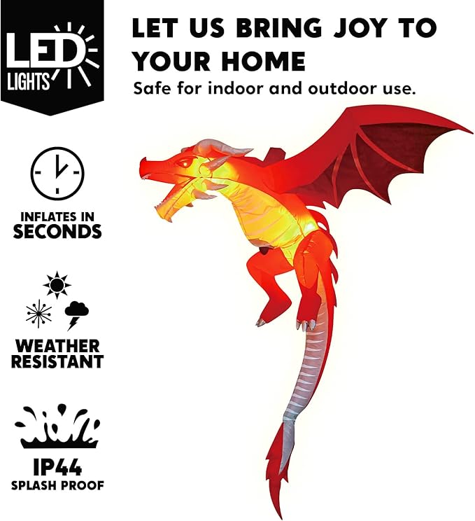 Joiedomi 5 FT Tall Halloween Inflatable Hanging Fire Dragon Decor with Build-in LEDs, Inflatable Blow Up Flying Dragon with Light for Halloween Party Indoor, Outdoor, Yard, Garden, Lawn Decorations
