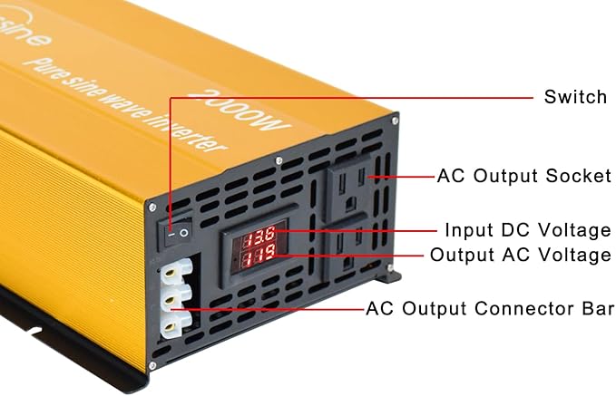 2000W Pure Sine Wave Inverter-12V DC to 110V 120V AC Power Converter with 2 AC Outlets, 12 Volt Power Inverter for Truck, Rv, Camping, Home, Emergency Power