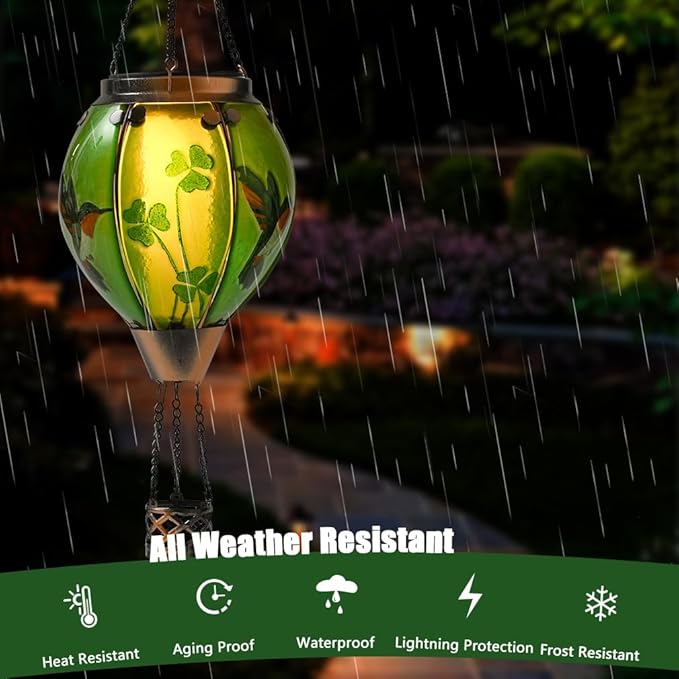 St Patricks Hot Air Balloon Solar Lantern - Patrick's Shamrock Glass Lantern, Simulated Flickering & Dancing Flame, Outdoor Hummingbird Hanging Yard Light for Patio Porch Decor Irish Clover Gift