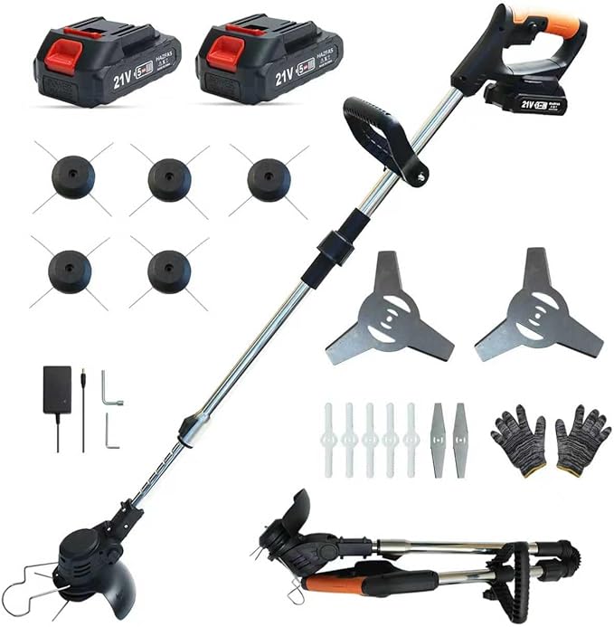 Cordless String Trimmer, Weed Wacker, Nylon Trimmer Head as Its Core Cutting Accessory, Telescopic Shaft and Foldable, 2 x Batteries, String Trimmer Cordless for Lawn, Garden and Yard, Black