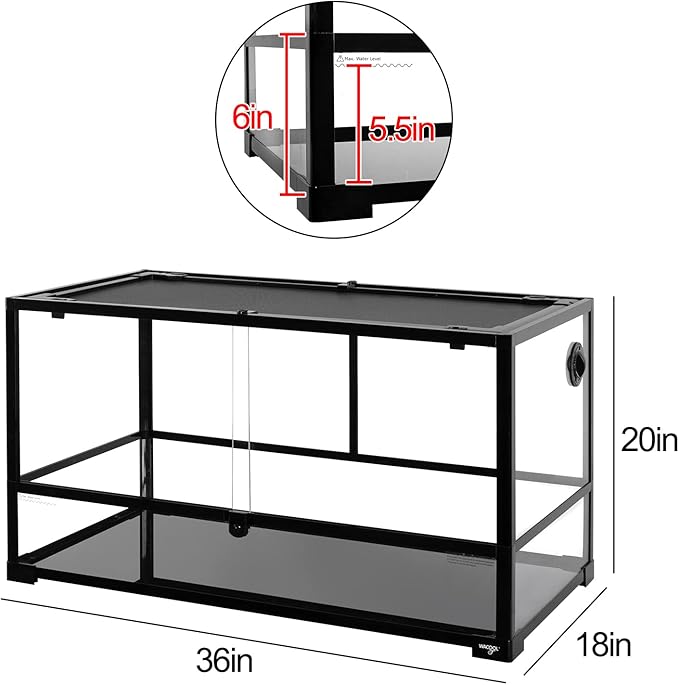 Large Reptile Tank 55 Gallon, 360°Full Vision Glass Reptile Terrarium with Top Mesh Lid for Beaded Dragon Lizard Gecko Snake Hermit Crab Use, 36"(W) X18(D) X20(H)