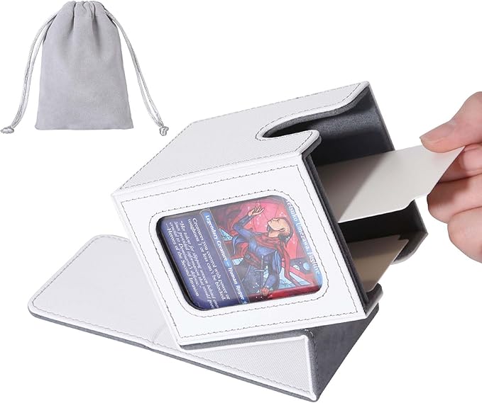 AFIING MTG Deck Box for Commander Display, Fits 100 Double Sleeved Cards, Magic Commander TCG Card Storage Box with 2 Dividers, Drawstring Bag and 1 Toploader (White/Grey)