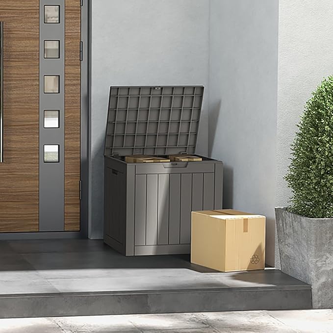 Mars Villa Deck Box, Waterproof Weatherproof and UV Resistant Resin Storage Bin with Lockable Lid, Ideal for, Outdoor, Patio Furniture Cushions, Pool Supplies, Garden Tools (31 Gallon, Light Brown)