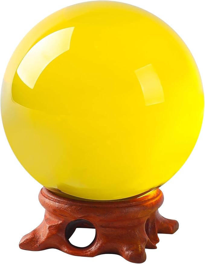 Yellow Crystal Ball 100mm/3.9 inch with Rose Wooden Stand and Gift Box for lensball Photography,Fortune Teller,Feng Shui, Witchcraft Decor,Scrying,Magic,Large Quartz Crystal Orb Prop Glass Sphere