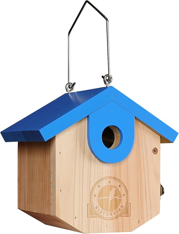 Wren Bird Houses for Outside Cedar Hanging Birdhouses for Outdoors 1-1/8" Entrance Hole Bird Houses for Outside Clearance Wooden Nesting Box Chickadee Predator Guard, Blue