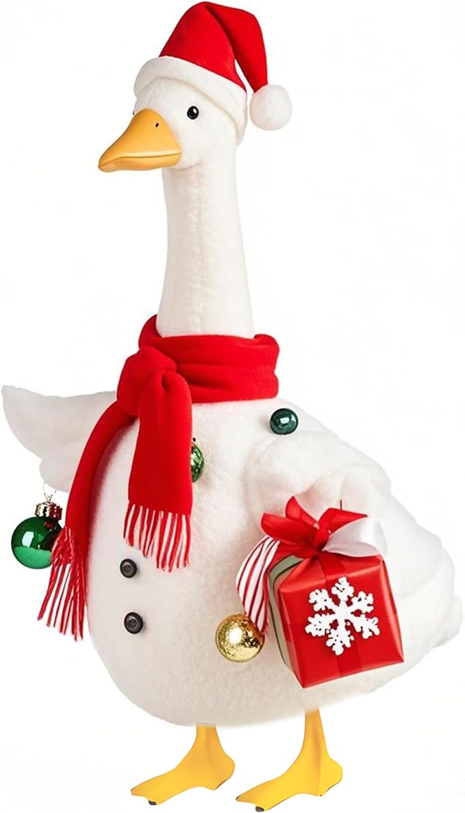 Christmas Snowman Porch Goose Outfits for Large 23" High Cement or Plastic Goose Statue, Yard Goose Cloths with Christmas Hat and Snowflake Gift Box Decor for Outdoor Lawn Gaden Patio