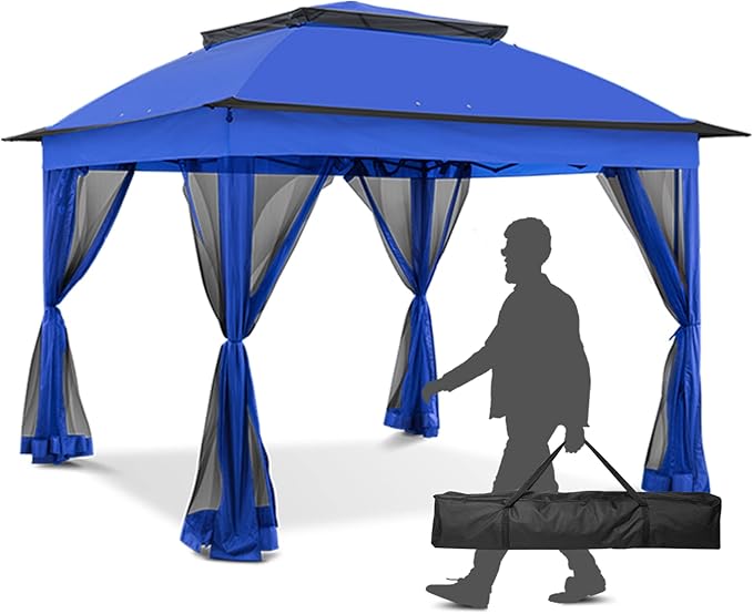 11x11 Outdoor Pop up Gazebo Tent with Mesh Walls for Patio, Lawn, Backyard and Deck, Blue
