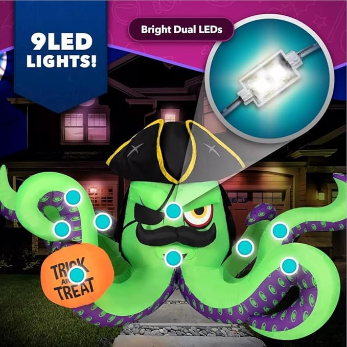 12FT Length Halloween Inflatables Pirate Octopus with Pumpkin, Halloween Blow Up Pirate Octopus Inflatables Built-in 9 Bright LEDs for Halloween Inflatable Outdoor Yard Lawn Garden Decoration