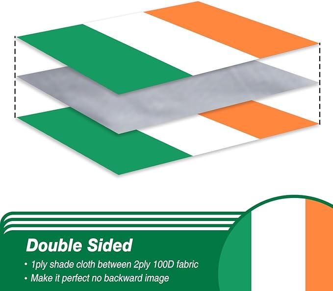 Ireland Irish Flag 3x5 ft Outdoor, Double Sided 3 Ply Heavy Duty Ireland National Country Flag, 100% Quality Polyester Irish Banner with Brass Grommets 4 Rows Stitches