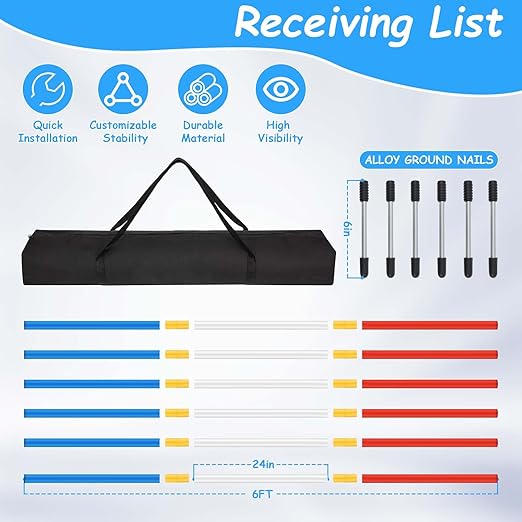 Red White Blue Pole Bending Poles for Horses - Set of 6 | Lightweight, Portable Horse Training Poles | Horse Training Equipment for Agility, Patterns, Obstacles - Easy Storage & Setup