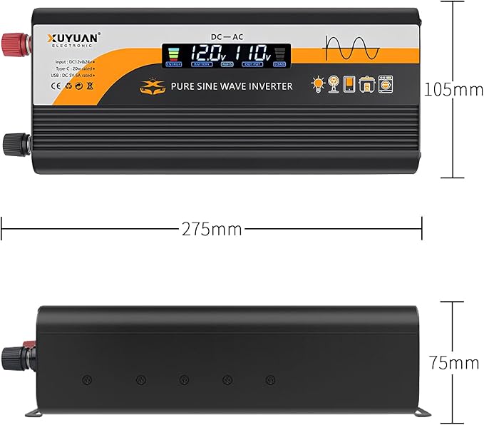 1000W Pure Sine Wave Inverter (2000W Peak), 12V/24V Auto-Detect, 50Hz/60Hz Switchable, LCD Display, Type-C Fast Charging, Silent Design, Overload & Overheat Protection for RV, Home (Black-1000W)