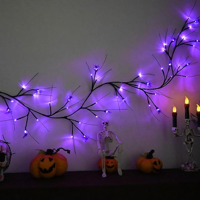 Halloween Decor Lights 6.5 Ft 54 LED Willow Vine Twig with Timer Battery Operated Garland Light 18 LED Spiders and 36 Purple Lights Halloween Party Scary Decoration for Home Wall Fireplace
