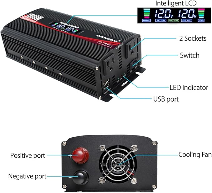 1500W Power Inverter 12V to 110V/120V Car Charger Converter with LCD Display, 3.1A Dual USB Ports 2 AC Outlets Car Adapter for RV, Truck, Solar, Off-Grid, Vehicle, Black