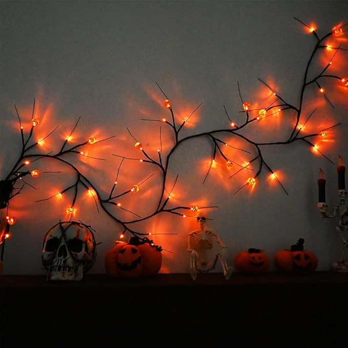Halloween Decor Lights 6.5 Ft 54 LED Willow Vine Twig with Timer Battery Operated Garland Light 18 LED Pumpkins and 36 Orange Lights Halloween Party Scary Decoration for Home Wall Fireplace