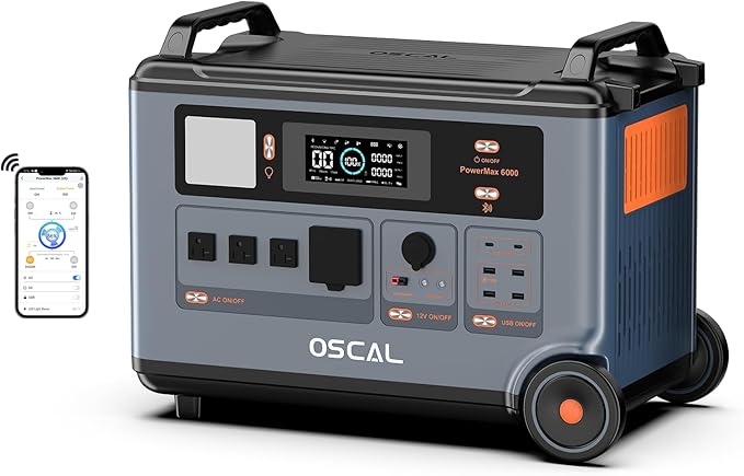 OSCAL Promax6000 Portable Power Station,6000W(Peak 7200w),120V/240V Dual Voltage Solar Generator,3600WH(Expandable to 57.6kWh) Lifepo4 Battery 2200W 1.96H Fast Charge,14 Outlets for Home Backup,RV.