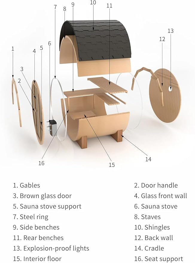 Outdoor Wooden Full Glass Door Barrel Sauna, 4 Person Sauna Room 220V， 6kw ETL Electric Heater， Accessories and Asphalt Shingle Roof (Cedar) (Cedar, 1)