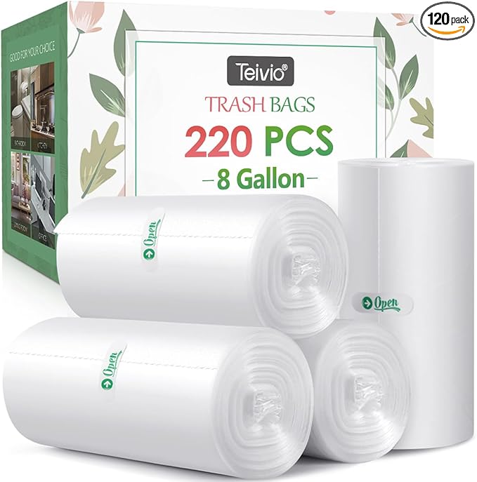 Teivio 8 Gallon 220 Counts Strong Medium Trash Bags Garbage Bags, Bathroom Trash Can Bin Liners, Plastic Bags for home office kitchen, Clear