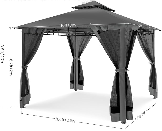 COBIZI Gazebo 10x10 Heavy Duty Gazebos with Improved Nettings Outdoor Gazebo Double Roof Patio Gazebos with Metal Steel Frame Outdoor Canopy for Patio, Deck, Backyard(Black)