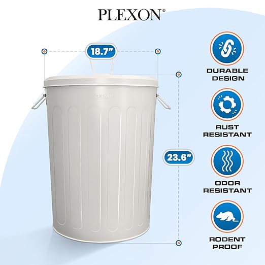 Plexon 2 Pack 20-Gallon Beige Galvanized Steel Round Trash Can with Lid Powder Coated Metal, Indoor and Outdoor Use, Durable Construction, Retro Design, Stylish