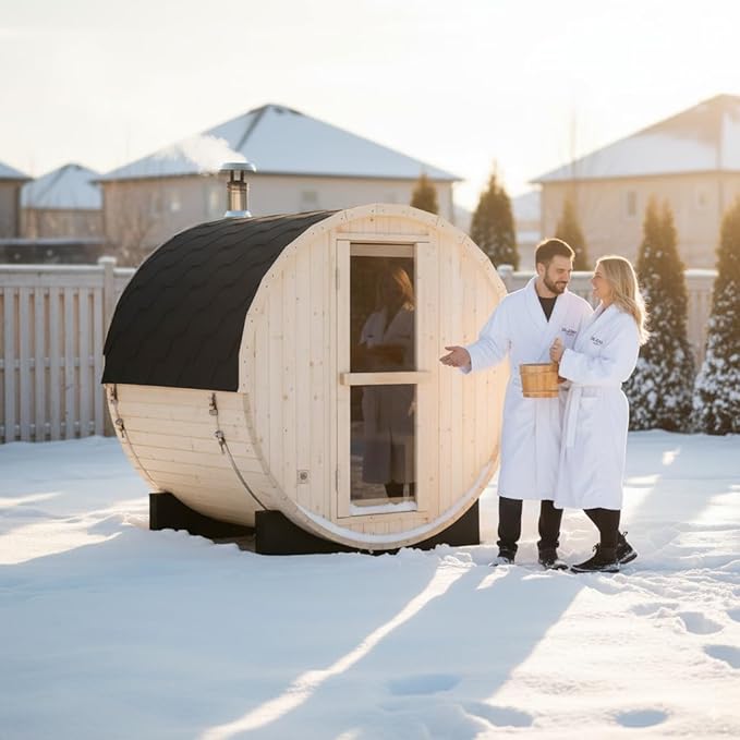 Outdoor Barrel Steam Sauna, 3 Person Wood Sauna Room with 4.5kw Harvia Electric Heater with Sauna Stone, Canadian Helmock Wooden Sauna, Sauna Accessories and Asphalt Shingle Roof (Helmock)