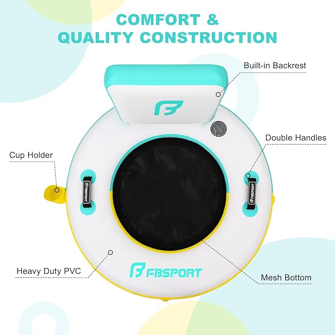FBSPORT Inflatable River Tube for Floating Heavy Duty, PVC Water Tubes for Adults, 43" Tubing Floats Lake River Raft Lounge Chair with Cup Holder Backrest Handles Sunchill Float Ring