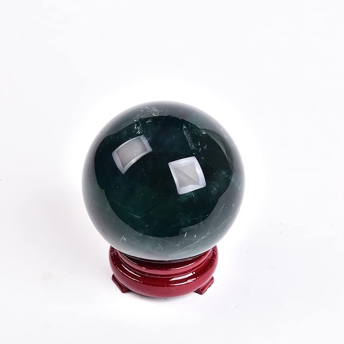 JIC Gem Natural Green Fluorite Quartz Crystal Ball Sphere Healing Crystal Sphere Decorative Ball with Wooden Stand Home Decoration Christmas Day Gifts (70-80mm)