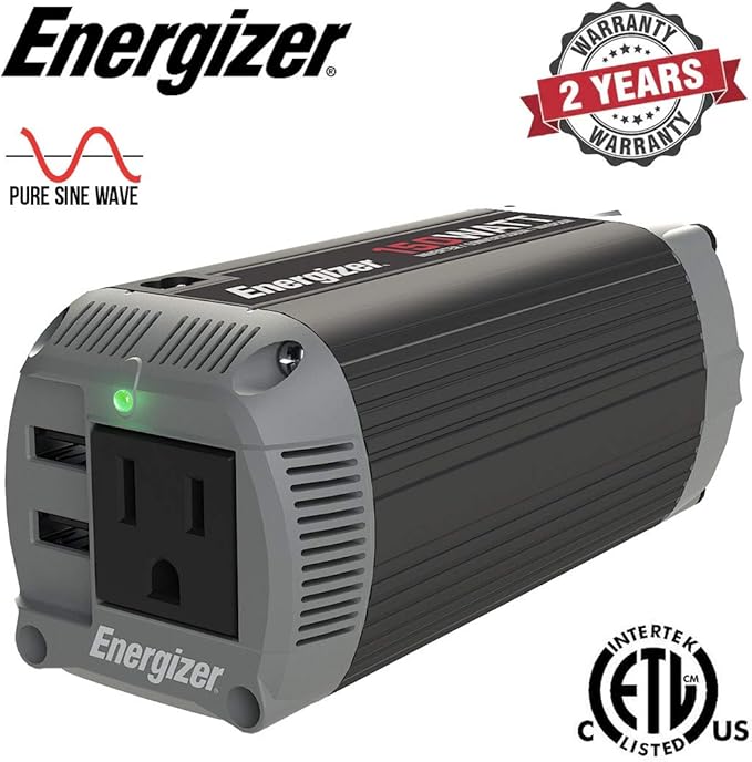 Energizer 150 Watt Power Inverter Pure Sine Wave Car Inverter, 12V to 110V Dual Mode Car Adapter, DC to AC Car Converter with Car Cigarette Lighter Plug, 110 Volts AC Outlet and 2 USB Ports