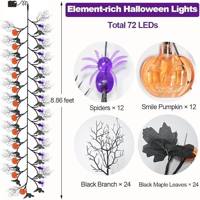 Halloween Garland with Lights 8.86FT 72LED Willow Vine Twig with Timer Black Garland Lights with Orange Pumpkins Purple Spiders and Black Leaves Dead Branches Halloween Decorations Indoor Outdoor