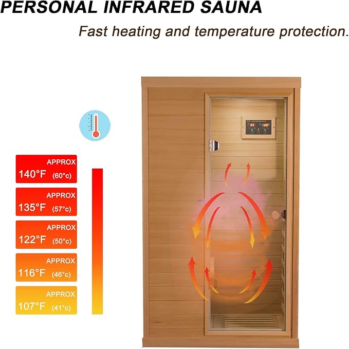 Infrared Sauna Indoor, Home Sauna, Low EMF Infrared Sauna,1 Person Infrared Saunas for Home, Canadian Hemlock,Smart Display,Bluetooth,Reading Lamp