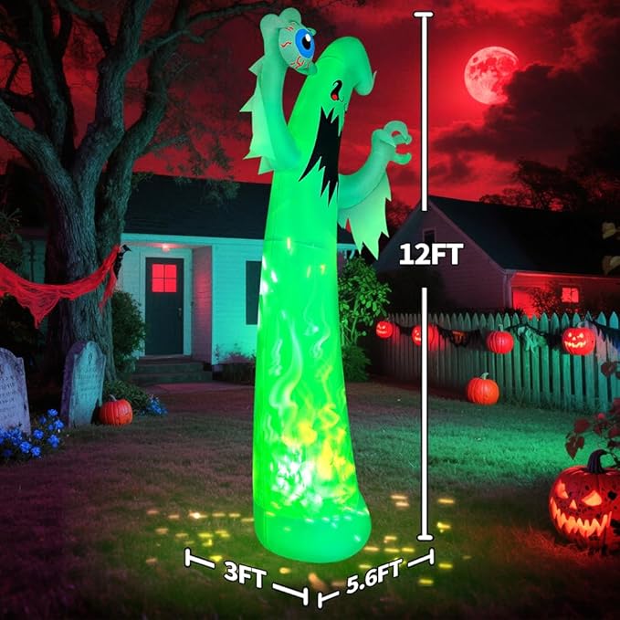 12FT Giant Halloween Inflatables Ghost Decorations, Built in 7-Colored Flame Rotation LEDs Huge Halloween Inflatable Large Spooky Blow Ups Halloween, Party, Indoor, Outdoor, Garden, Yard Lawn