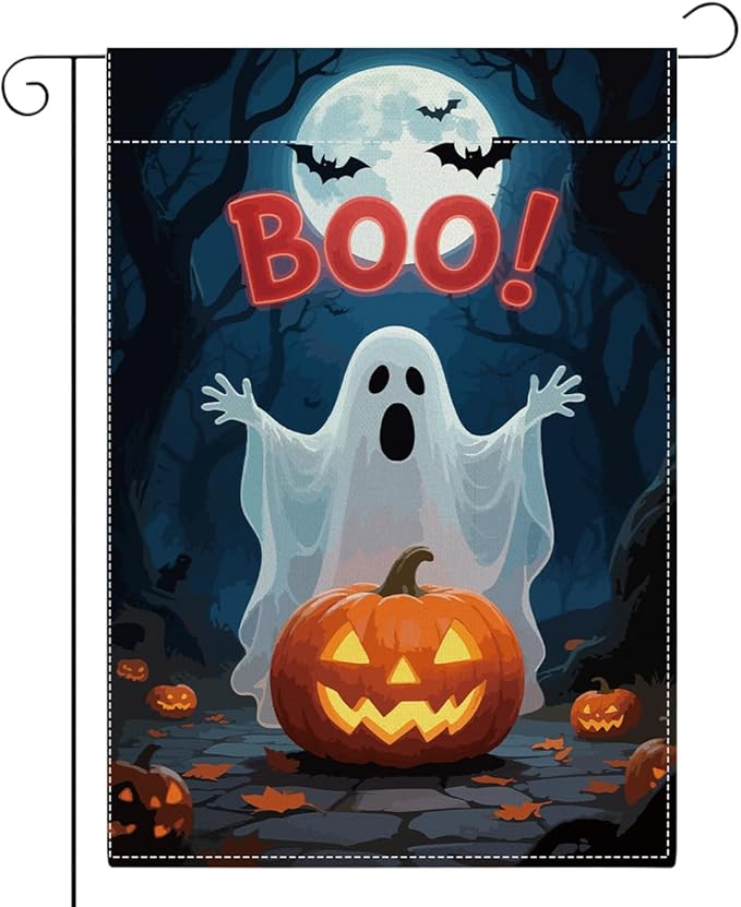 Halloween Boo Garden Flag Scary Ghost Bat Fall Pumpkins Halloween Themed Holiday Party Outside Outdoor Lawn Decorations Yard Flag Double Sided 12x18 Inch