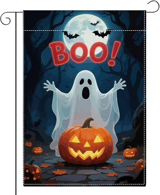 Halloween Boo Garden Flag Scary Ghost Bat Fall Pumpkins Halloween Themed Holiday Party Outside Outdoor Lawn Decorations Yard Flag Double Sided 12x18 Inch