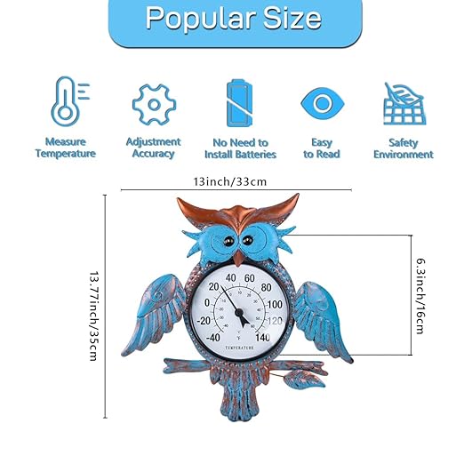 Indoor Outdoor Thermometer, Owl Wall-Mounted Thermometer Waterproof for Patio Garden Yard & Living Room, No Battery Needed