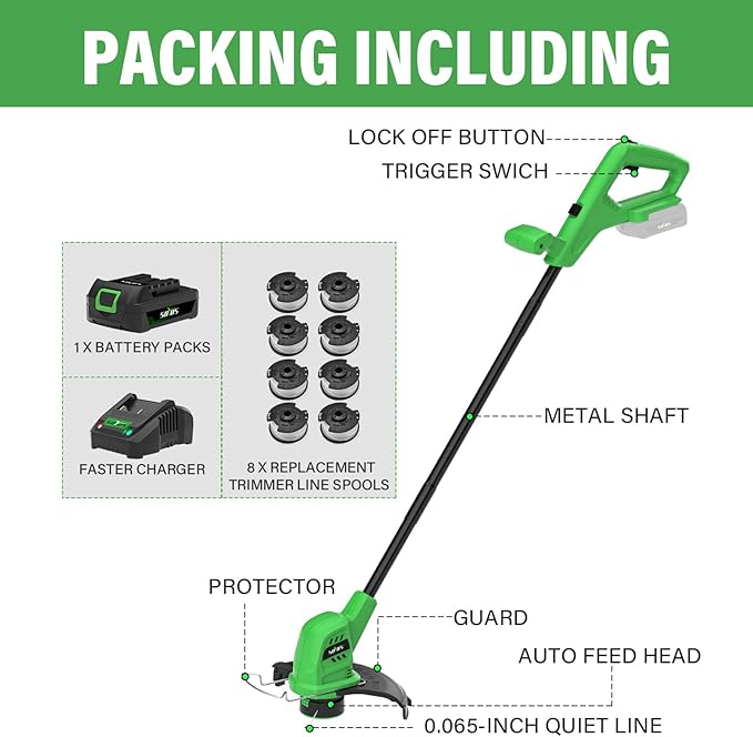 SOYUS Weed Wacker Battery Powered 10 Inch, String Trimmer Cordless with 2.0Ah Battery, Lightweight Edger Trimmer with 8 Pcs Replace Spool Trimmer Lines
