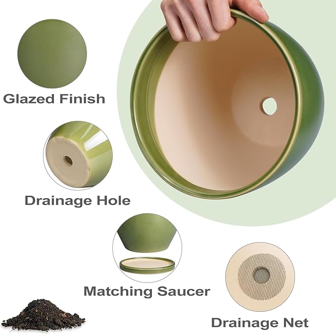 Ceramic Pots for Plants - 10 Inch Planter for Indoor Ourdoor Plants Modern Large Flower Pot with Drainage Hole and Saucer Room Home Office Garden Patio Porch Decor Green
