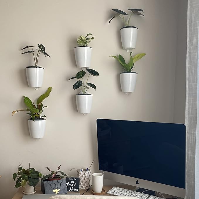 6 Packs 5" Plastic Self Watering Pots Wall Hanging Planters Wall Mounted Wicking Flower Pots for Indoor and Outdoor African Violet, Ocean Spider Plant, Orchid, White
