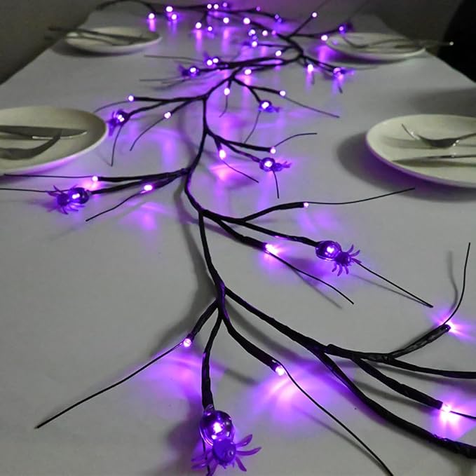 Halloween Decor Lights 6.5 Ft 54 LED Willow Vine Twig with Timer Battery Operated Garland Light 18 LED Spiders and 36 Purple Lights Halloween Party Scary Decoration for Home Wall Fireplace