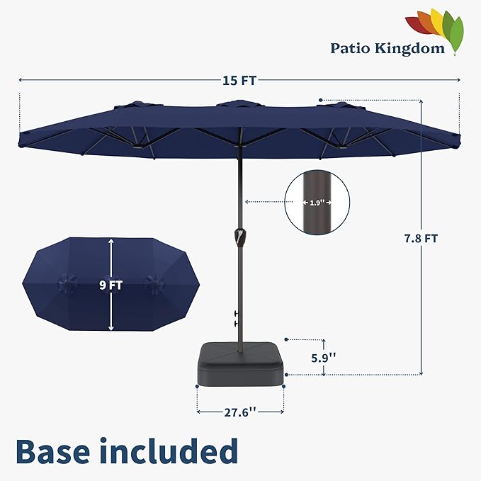 15FT Double Sided Patio Umbrella with Base Included Large Outdoor Market Umbrella with Crank Handle, UV Resistant Canopy, Sturdy Frame for Garden, Poolside, Deck, Navy Blue