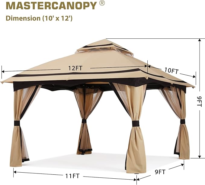 MASTERCANOPY 10x12FT Outdoor Patio Gazebo with Mosquito Netting for Backyard, Patio, Garden Beige