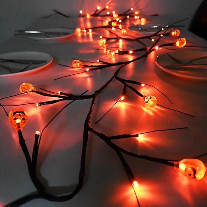 Halloween Decor Lights 6.5 Ft 54 LED Willow Vine Twig with Timer Battery Operated Garland Light 18 LED Pumpkins and 36 Orange Lights Halloween Party Scary Decoration for Home Wall Fireplace