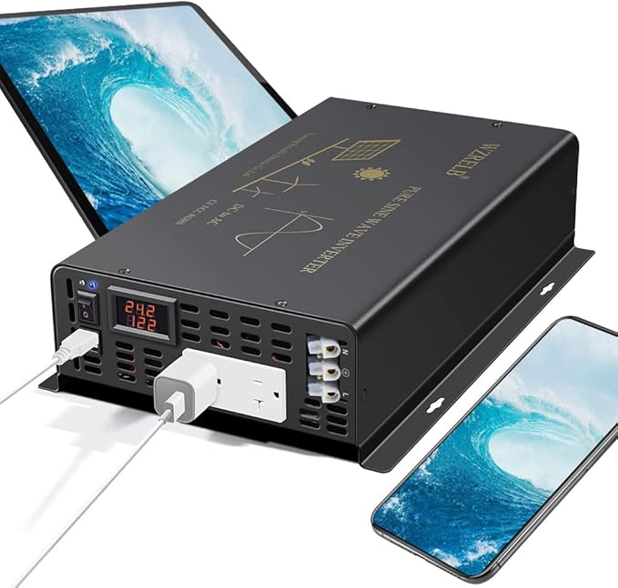 WZRELB 3500Watts Pure Sine Wave Power Inverter 24VDC to 120VAC 7000W Peak Dual AC Outlets 2× 2.4A USB Port &Hardwire Terminal Off-Grid Solar Converter RV Trucks