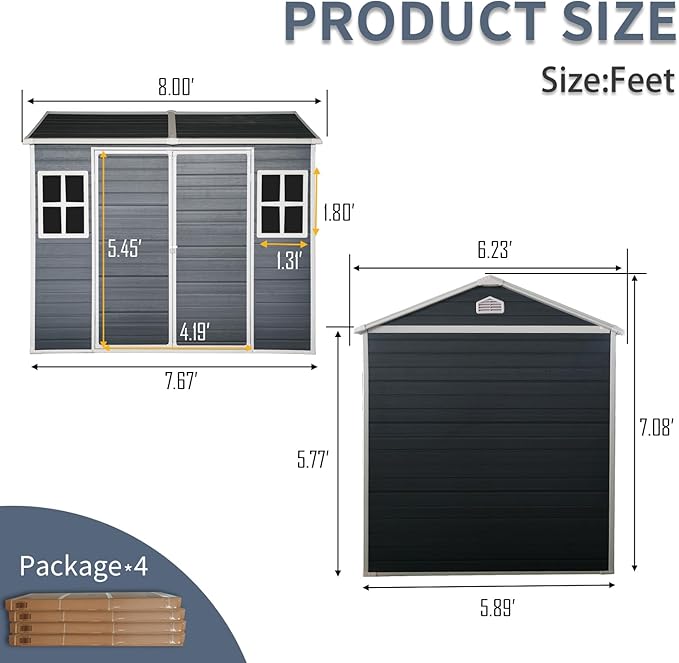 8x6 FT Resin Outdoor Storage Shed with Floor, Windows & Lockable Doors Waterproof All-Weather Garden Shed for Backyard, Patio, and Lawn Equipment Storage, Grey