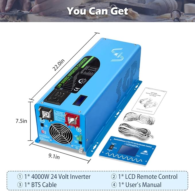 SUNGOLDPOWER 4000W 24Vdc Pure Sine Wave Inverter Low Frequency 240Vac Input 120Vac/240Vac Output Split Phase with Battery Charger Off-Grid 12000W Peak,(Upgrade)