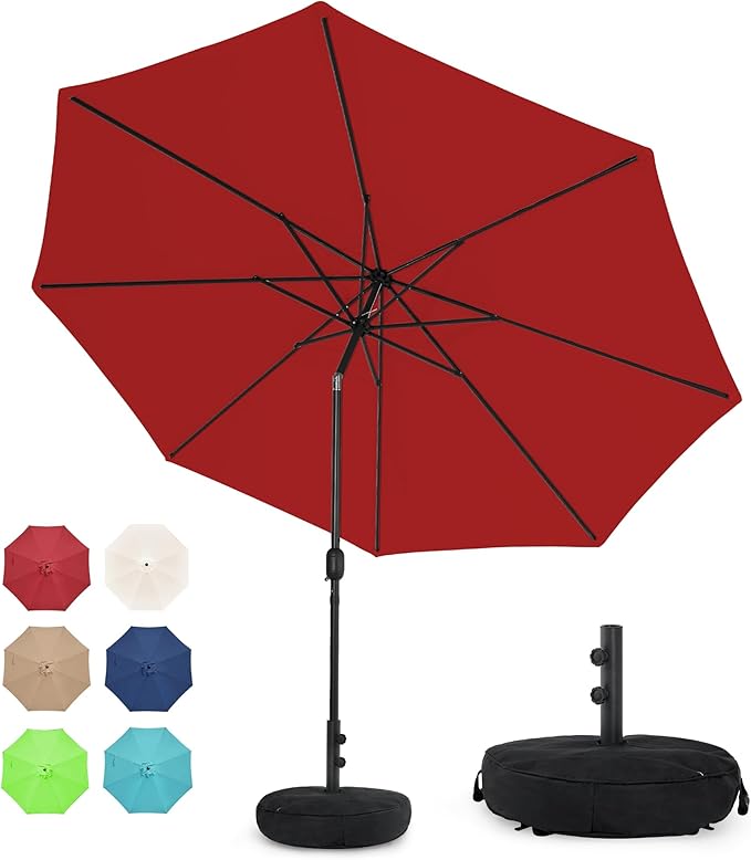 Sundale Outdoor 10 ft Patio Umbrella with Sand Bag Umbrella Base Included, Outdoor Umbrella with Tilt and Crank, Red
