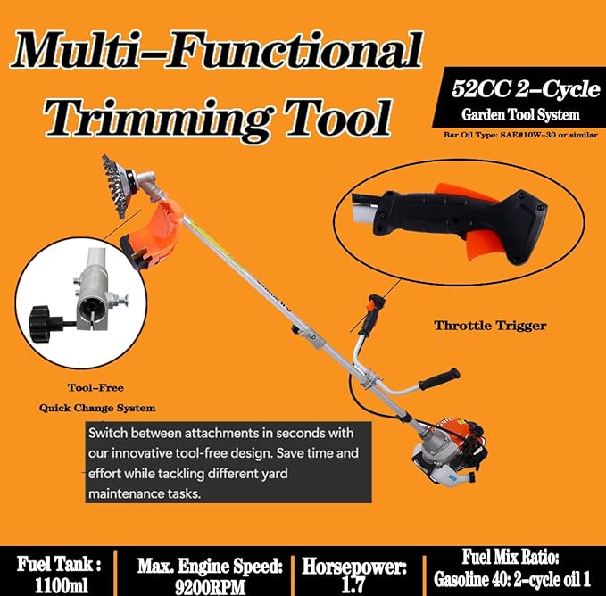 52cc 2-Cycle Gas Multi-Trimmer | 3-in-1 String Trimmer w/Rotatable Pole Saw, Weed Eater Weed Wacker, Brush Cutter & Hedge Trimmer Gas for Lawn, Yard, Garden Care, All-in-one Garden Tool