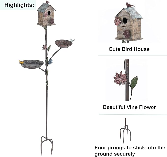 Bird House for Outside with Stake & Bird Feeder/Bath Bowl - Free Standing 3 in 1 Bird Feeder Tray, Bird Bath Bowl, Birdhouse for Outdoors on Pole Garden Yard Deco - 69" H