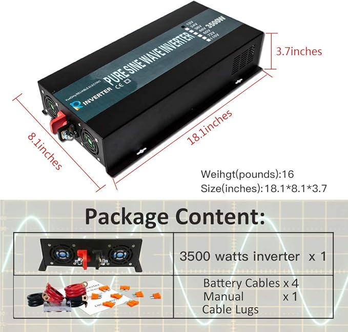 WZRELB 3500W36V 120V Pure Sine Wave Power Inverter with 2 AC Outlets,Car Inverter,Remote Control
