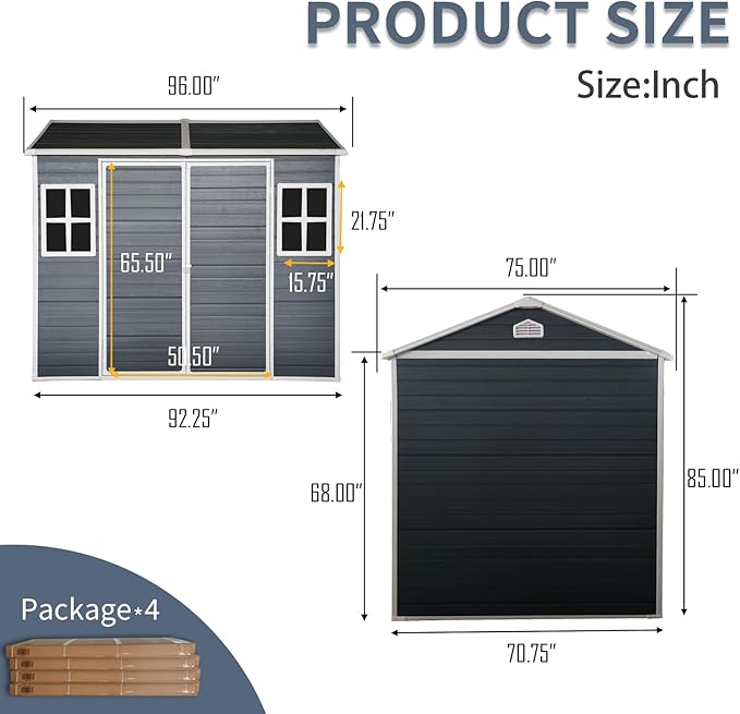 8x6 ft Resin Outdoor Storage Shed with Two-Window and Double-Door, Plastic Shed with Floor for Gargen, Patio, Yard, Lawn, Grey (1 Doors) (Black, 8x6 ft)