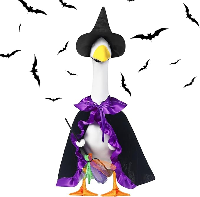 Halloween Porch Goose Witch Outfits Set for 23” Cement Lawn Goose Statue Clothes Broom Cape Costume for Patio Lawn Garden Art Decor